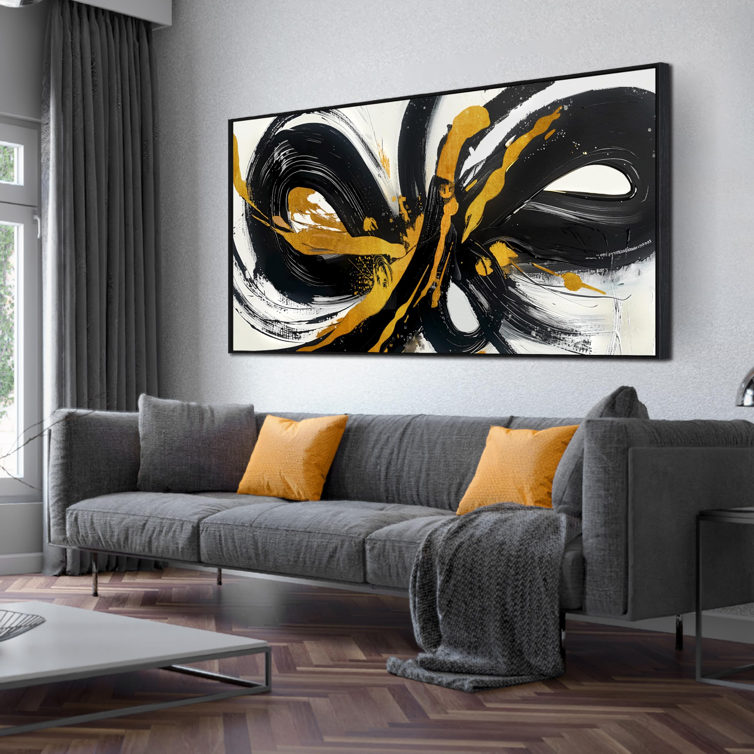Abstract Wall Art for Living Room, Black White and Gold Canvas Wall ...