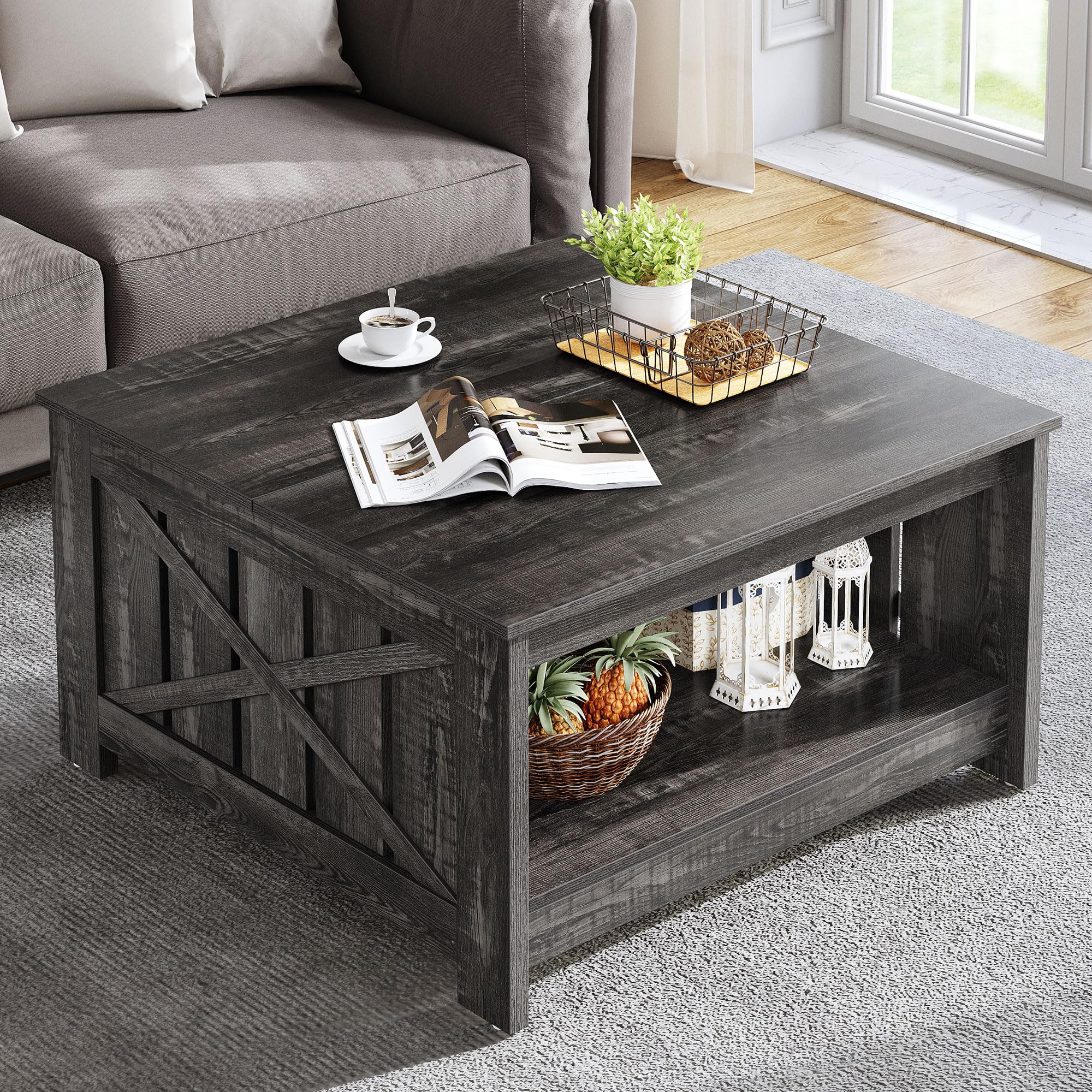 Photo 1 of YITAHOME Coffee Tables Farmhouse Coffee Table with Storage Rustic Wood Cocktail Table,Square Coffee Table for Living Meeting Room with Half Open Storage Compartment,Dark Rustic Oak