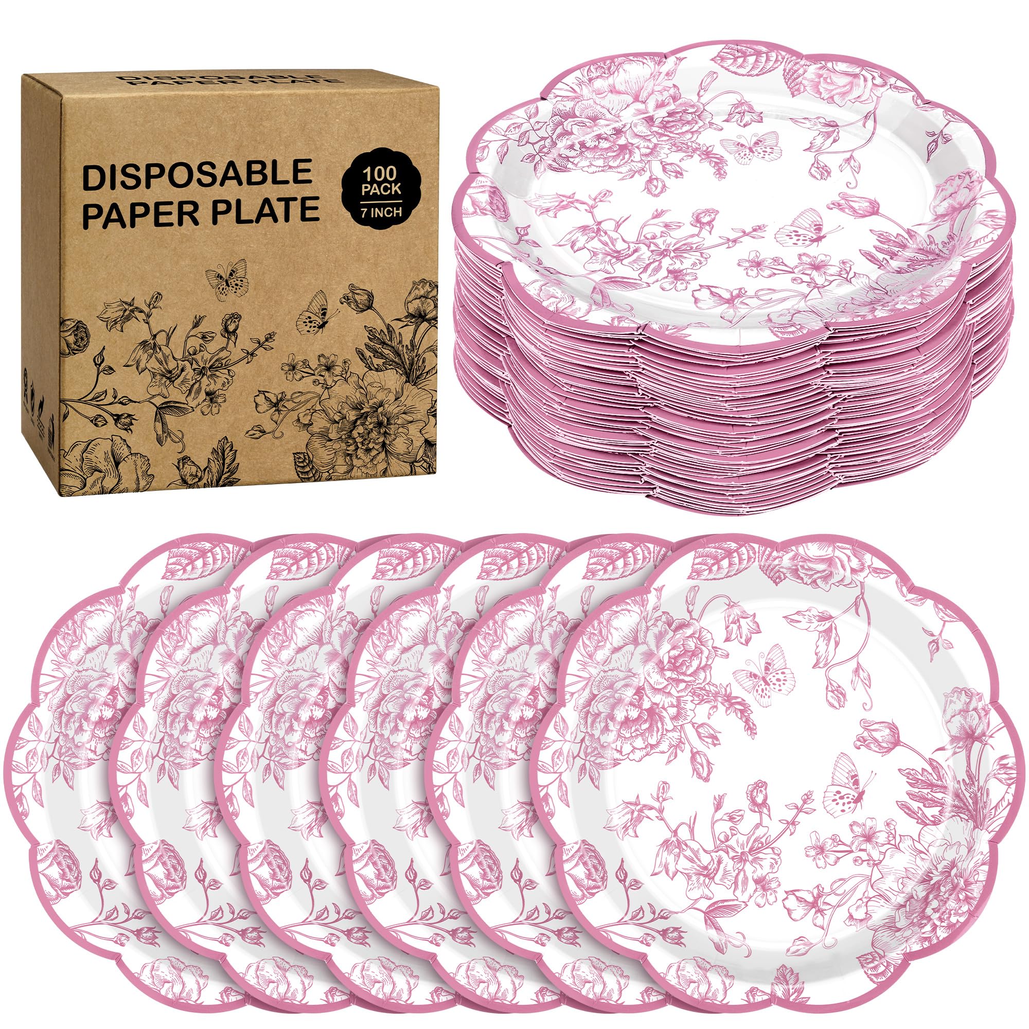 Photo 1 of Kochorie 100 Pieces Pink Flower Paper Plates 7 Inches Disposable Floral Paper Plates Scalloped Pink and White Chinoiserie Vintage Flower Dessert Plates for Wedding Birthday Holiday Party Supplies