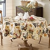 Newbridge Farm Fresh Rooster Round Vinyl Flannel Backed Tablecloth, 70 Inch, Indoor Outdoor Vinyl Table Cloth, Roosters and Hens