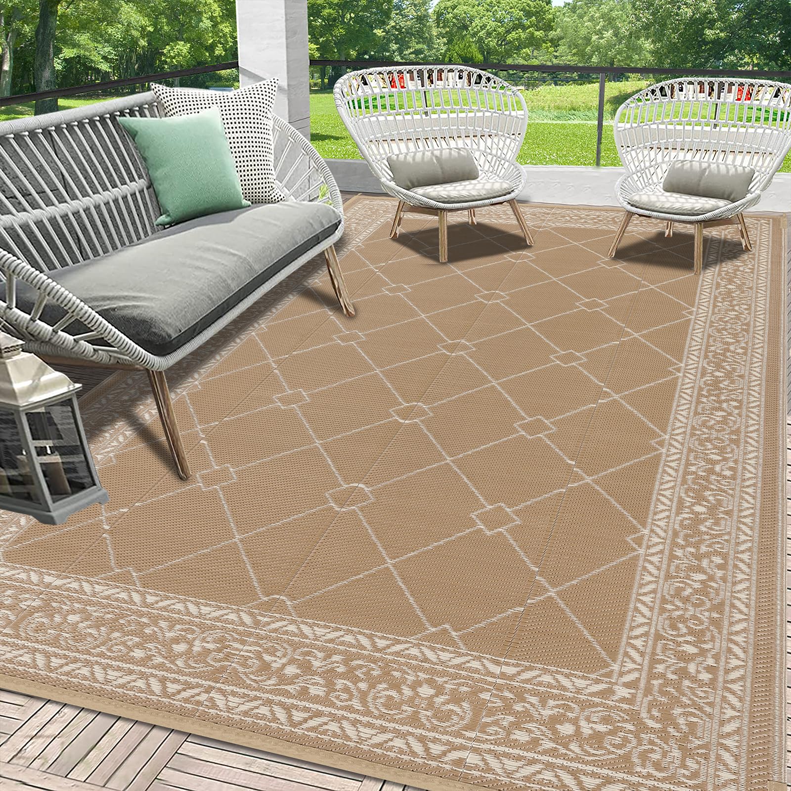 Photo 1 of HEBE Outdoor Rug Waterproof 6x9, Plastic Straw Rug Camping Rug, Reversible Outdoor Patio Rugs RV Mat Clearance, Indoor Outside Floor Carpet for Porch,Deck,Camper,Balcony,Backyard
