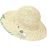 Sun Hats for Women Handmade Woven Straw Bucket Hat Wide Brim with Patch UV Protection for Summer