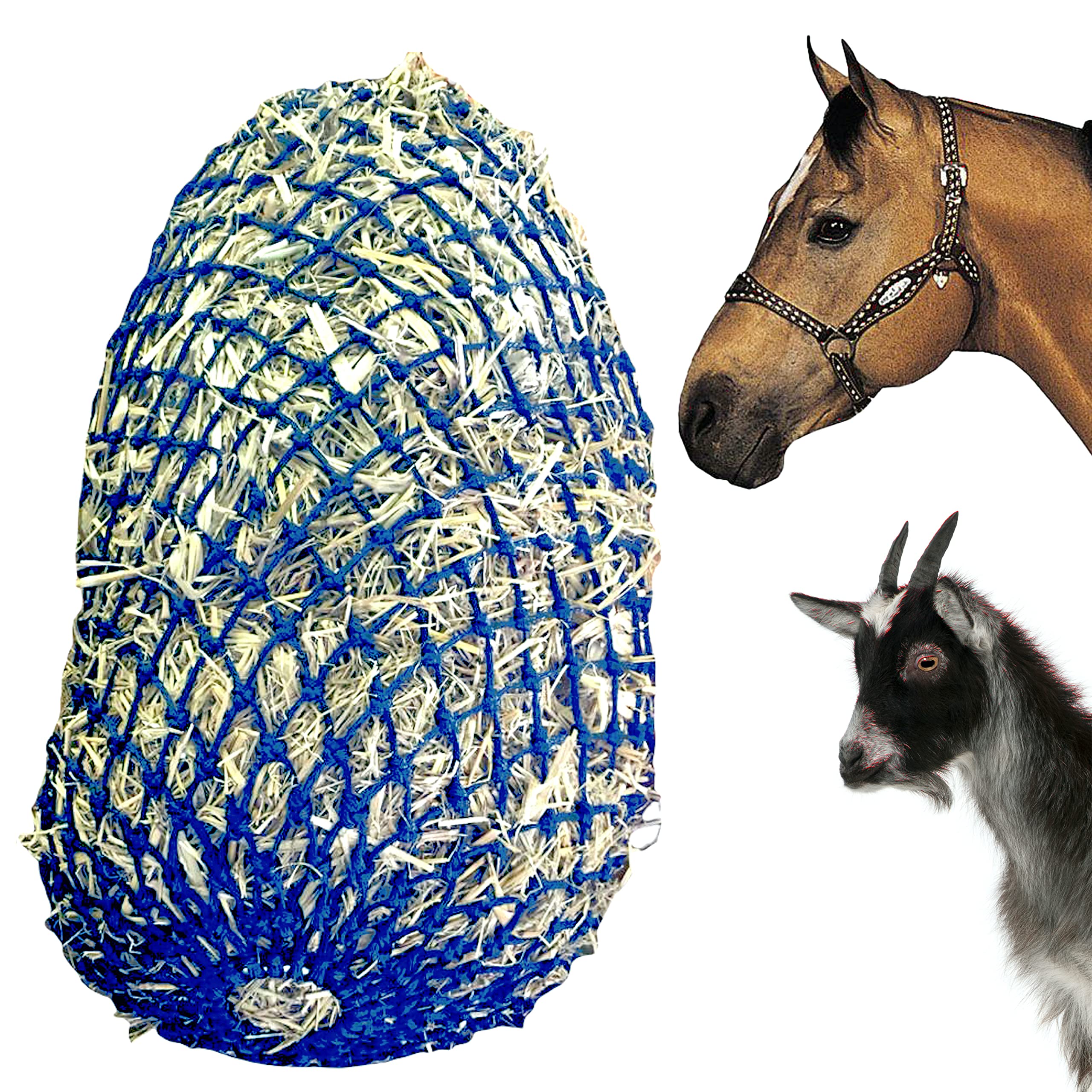 Majestic Ally 1.25”x1.25” Holes Ultra Slow Feed 40” Very Sturdy Hay Net with Bottom Ring for Horses, Nylon Rope Hanging, Adjustable Travel Feeder for Trailer and Stall, Reduces Waste (Royal Blue)