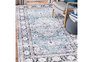 IKALIFE Ultra-Thin Washable Vintage Area Rug 5'x 7' for Living Room, Low-Pile Area Rugs Non-Shed Non Slip, Unique Chenille Printed Home Decor, Perfect for Bedroom Dining Room Kitchen, Teal