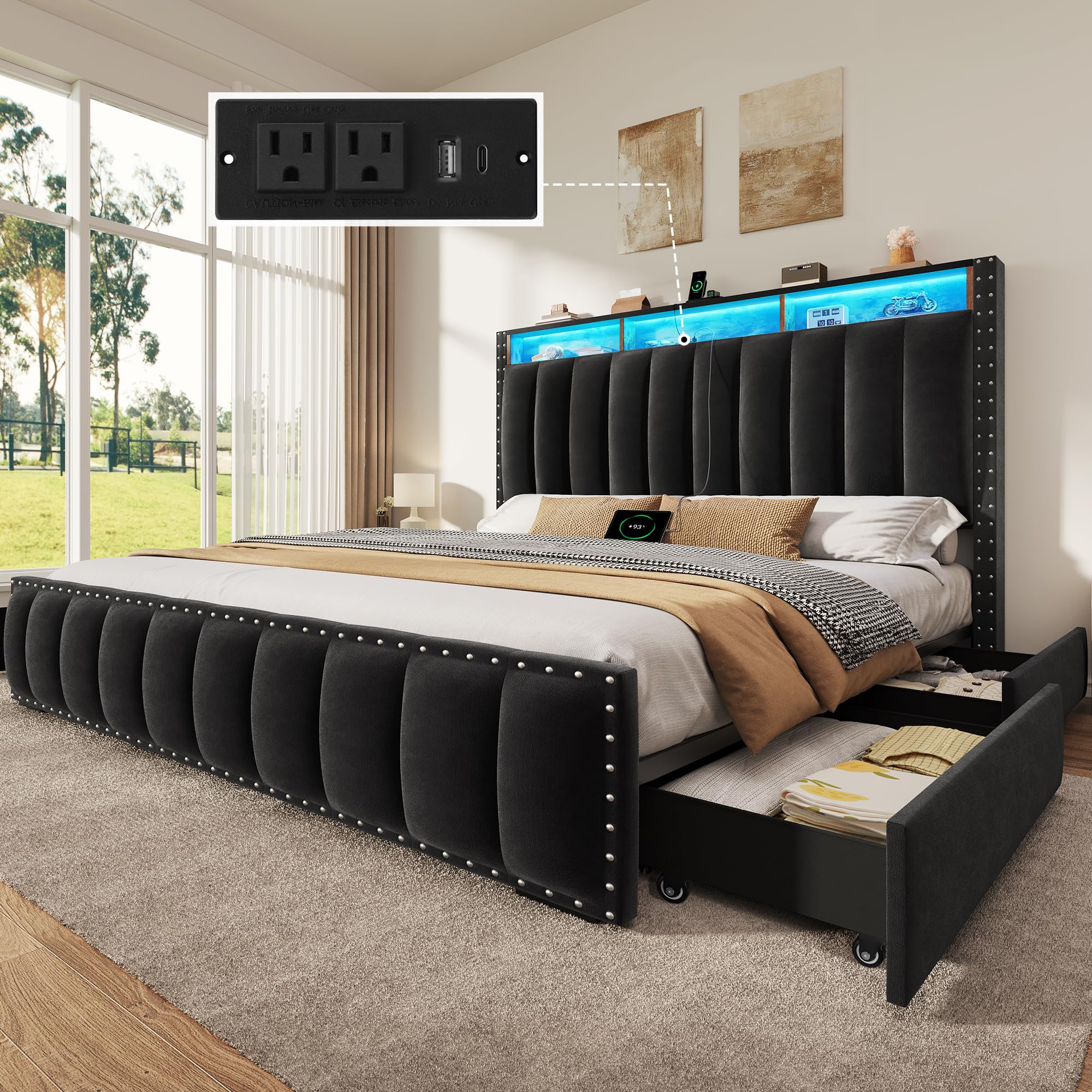 DWVO Full Size Bed Frame with 4 Storage Drawers and RGB LED Lights ...