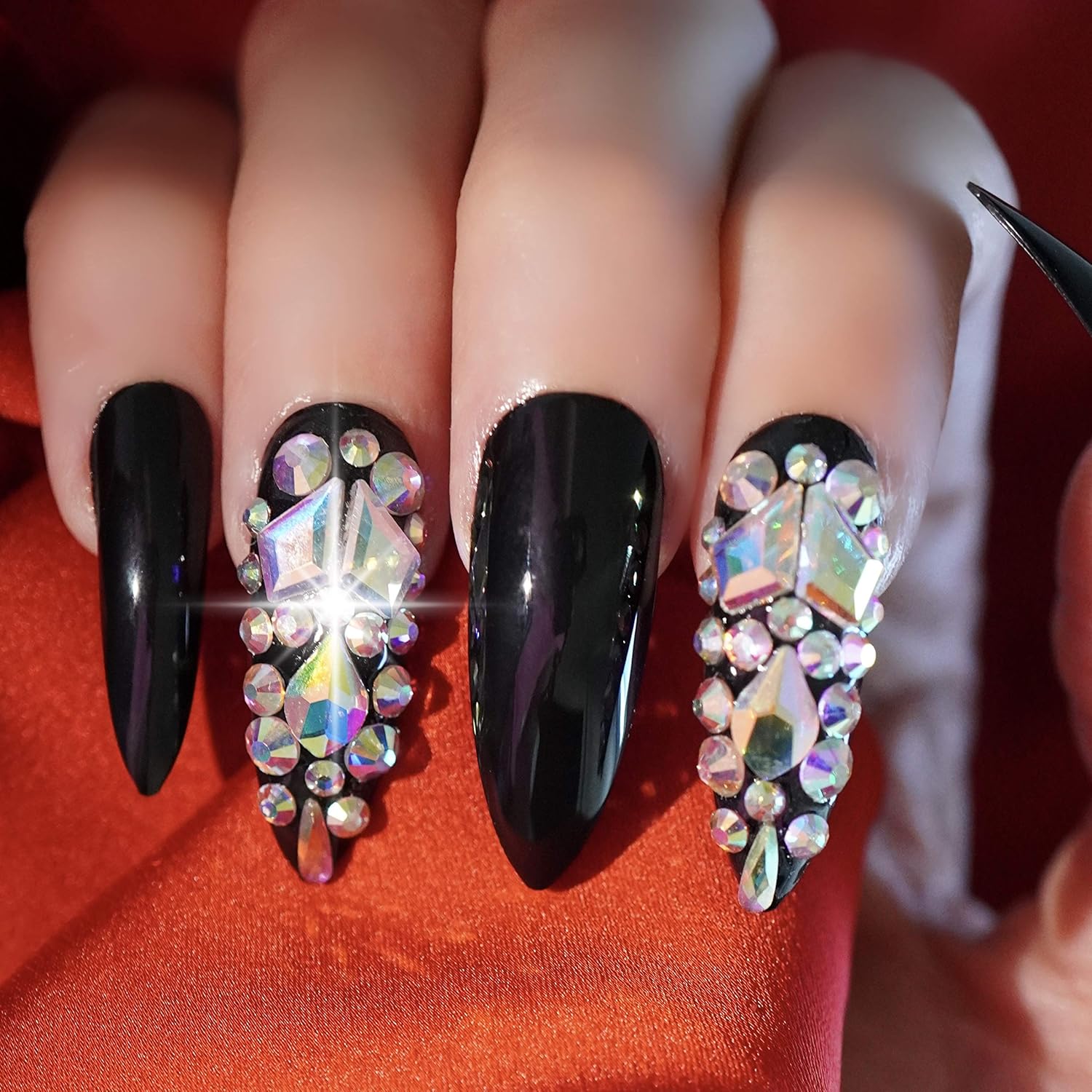 EDA LUXURY BEAUTY BLACK 3D ULTIMATE JEWEL DESIGN Press On Gel Glitter Artificial Nail Tips Sharp Acrylic Shiny False Nails Extreme Long Ballerina Pointed Round Almond Stiletto Super Fashion Fake Nails