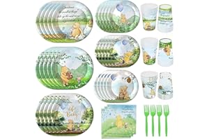 AURORAPARTY 168pcs Winnie Bear Baby Shower Table Decorations Pooh Plates Napkins Birthday Party Supplies Paper Tableware Set Cups Forks Watercolor Vintage Bear Boys Newborn Kids for 30 Guests