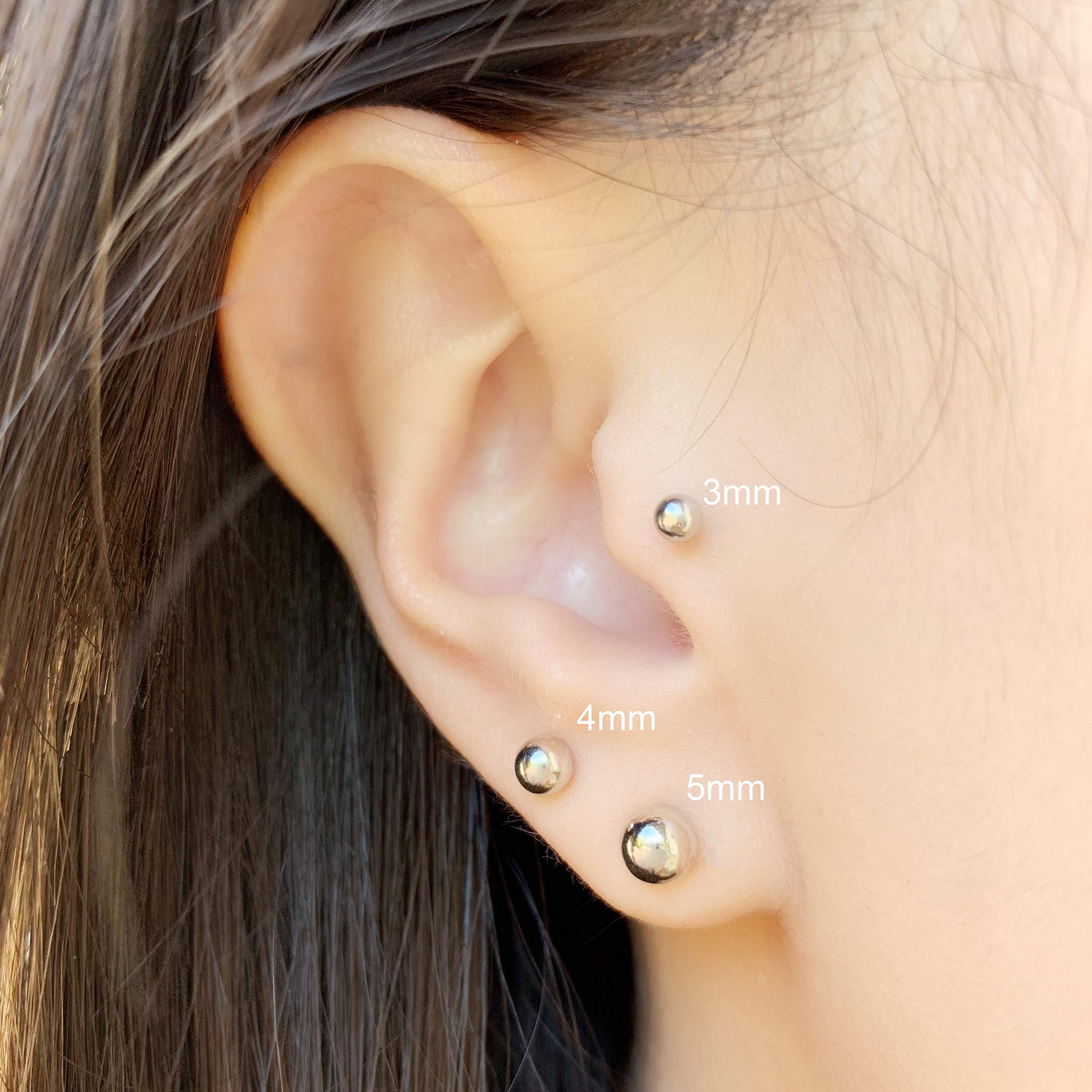 Rhodium Plated Sterling Silver Plain and Smooth Round Bead Ball-Shape Stud Earrings, 3mm