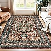U'Artlines Christmas Boho Vintage Area Rug 5x7 Machine Washable Low Pile Ultra-Thin Soft Floor Carpet Non Slip Non Shedding Accent Rug for Living Room Bedroom Entryway Dining Room Office(Rust＆Teal)