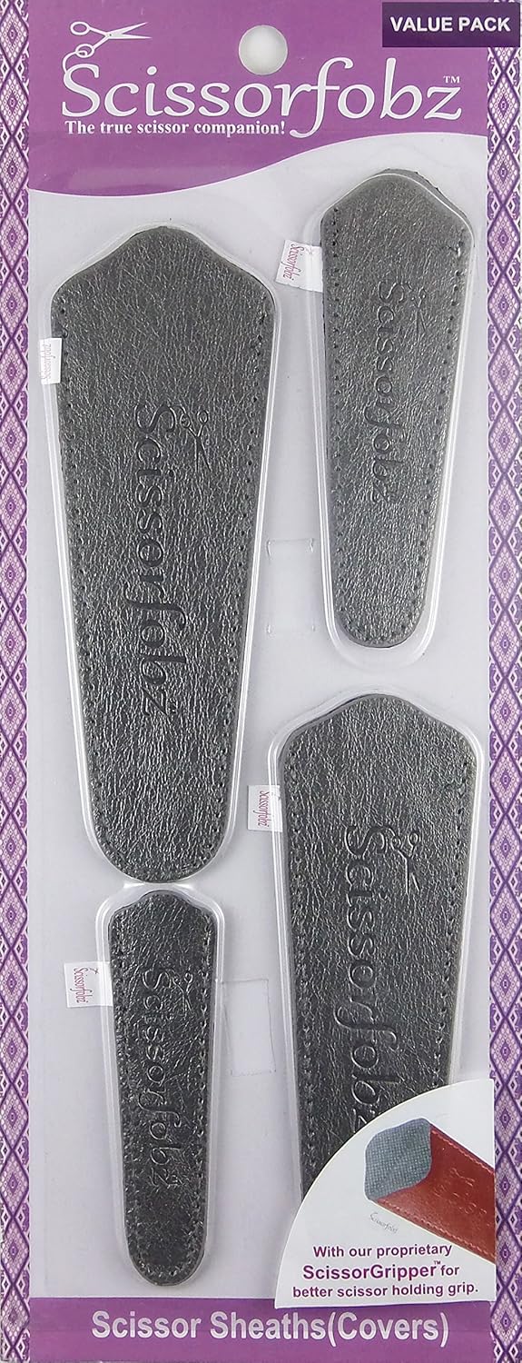 Scissors by SCISSORFOBZ with ScissorGripper -Value Pack-4 Sizes- Designer Scissor sheaths Covers Holders for Embroidery Sewing Quilting - Quilters sewers Gift -Metallic Pewter Grey. #76