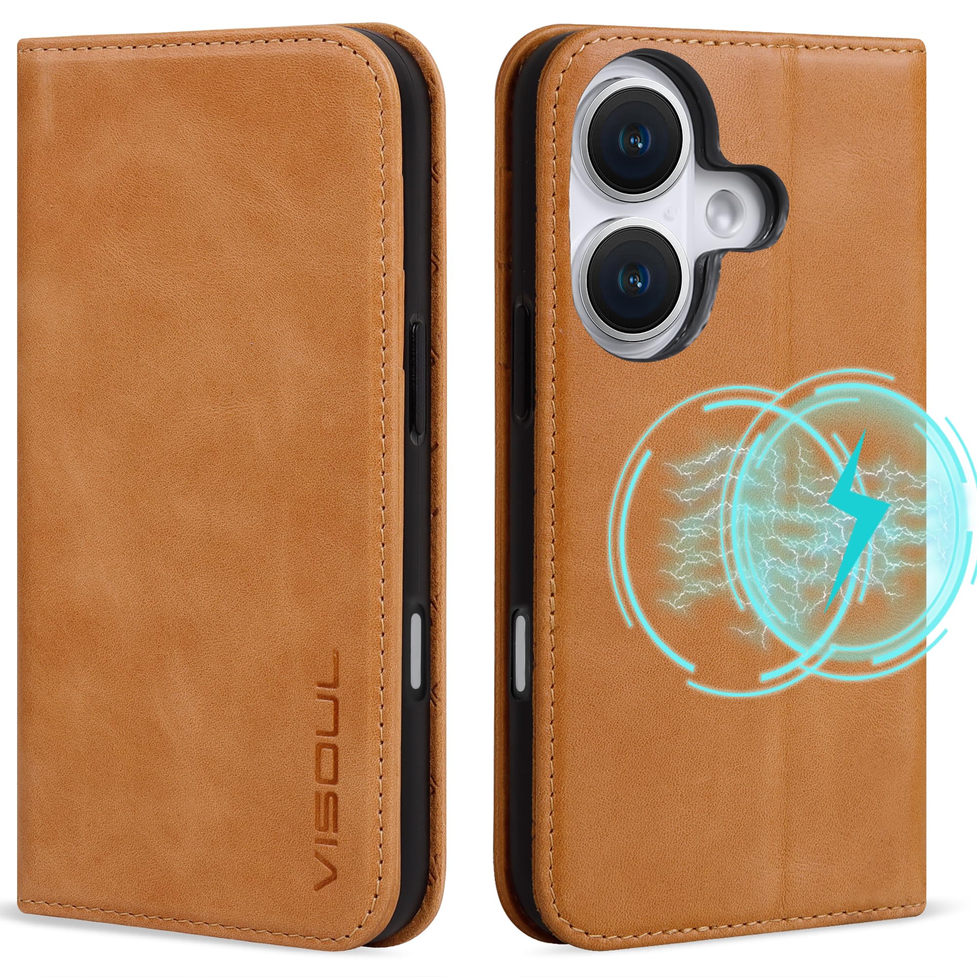 VISOUL Oil Waxed Genuine Leather Wallet Case Compatible with iPhone 16 6.1-inch 5G 2024 with Wireless Charging, 3 Card Slot, Kickstand, Magnetic Flip Cover, Shockproof TPU Shell-Yellow