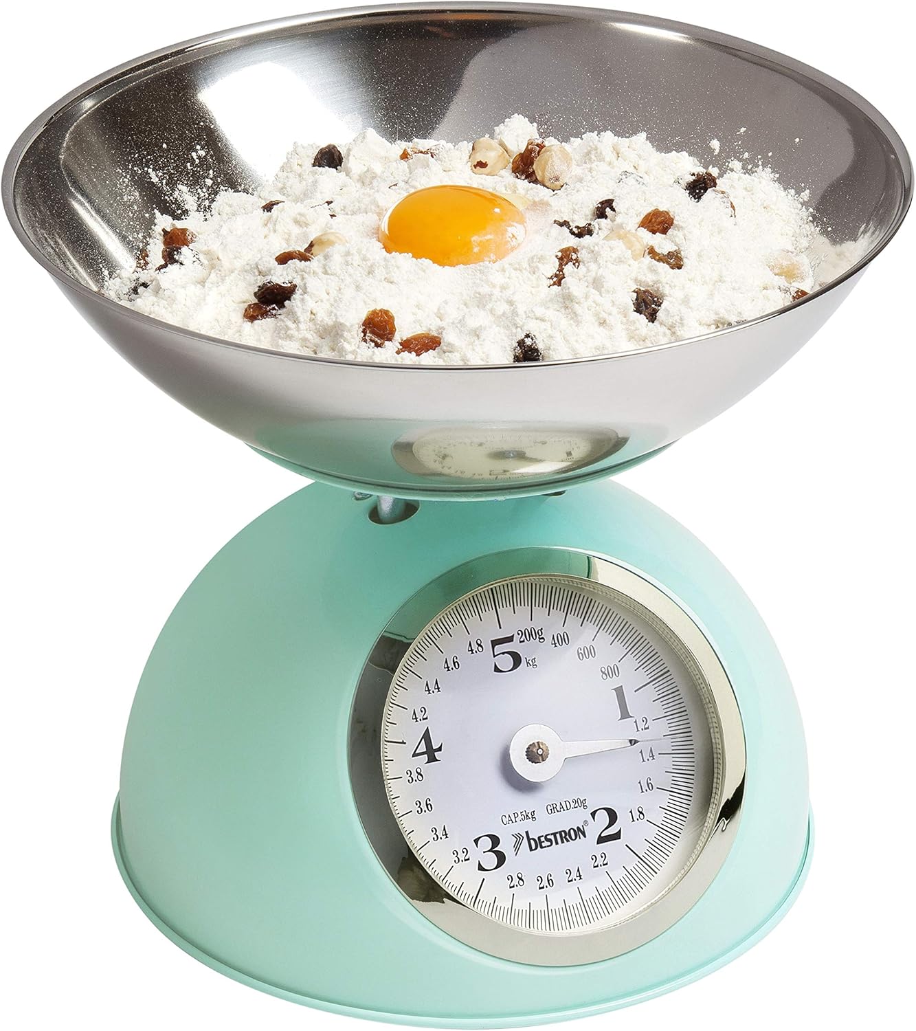 Bestron Analoge Küchenwaage mit abnehmbarer Wiegeschale, Retro Design, Sweet Dreams, Tragkraft: 5 kg, Mintgrün