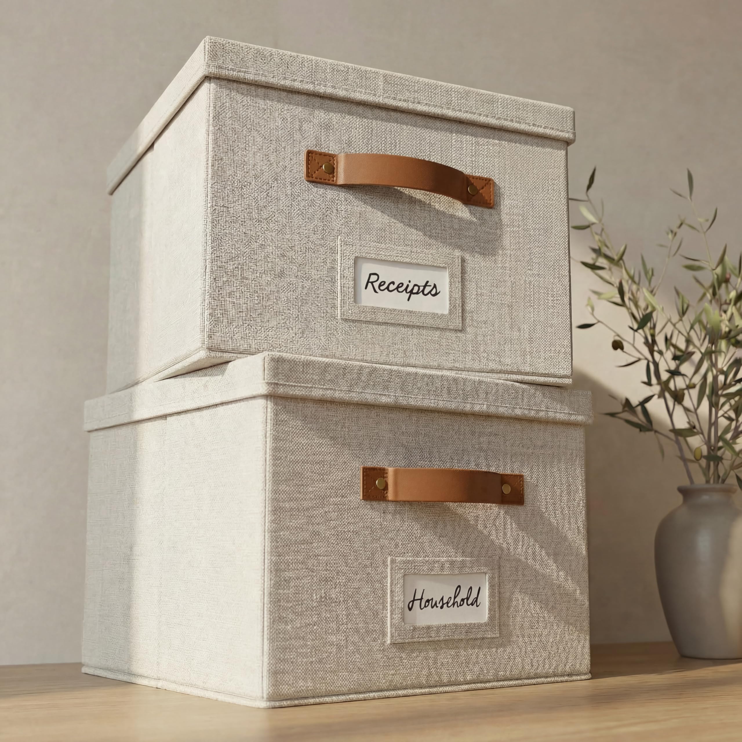 ZICOTO Decorative Ivory File Box Organizer Set of 2 - Collapsible Linen Cabinet for Easy Folder Storage - Store All Your Documents in Style