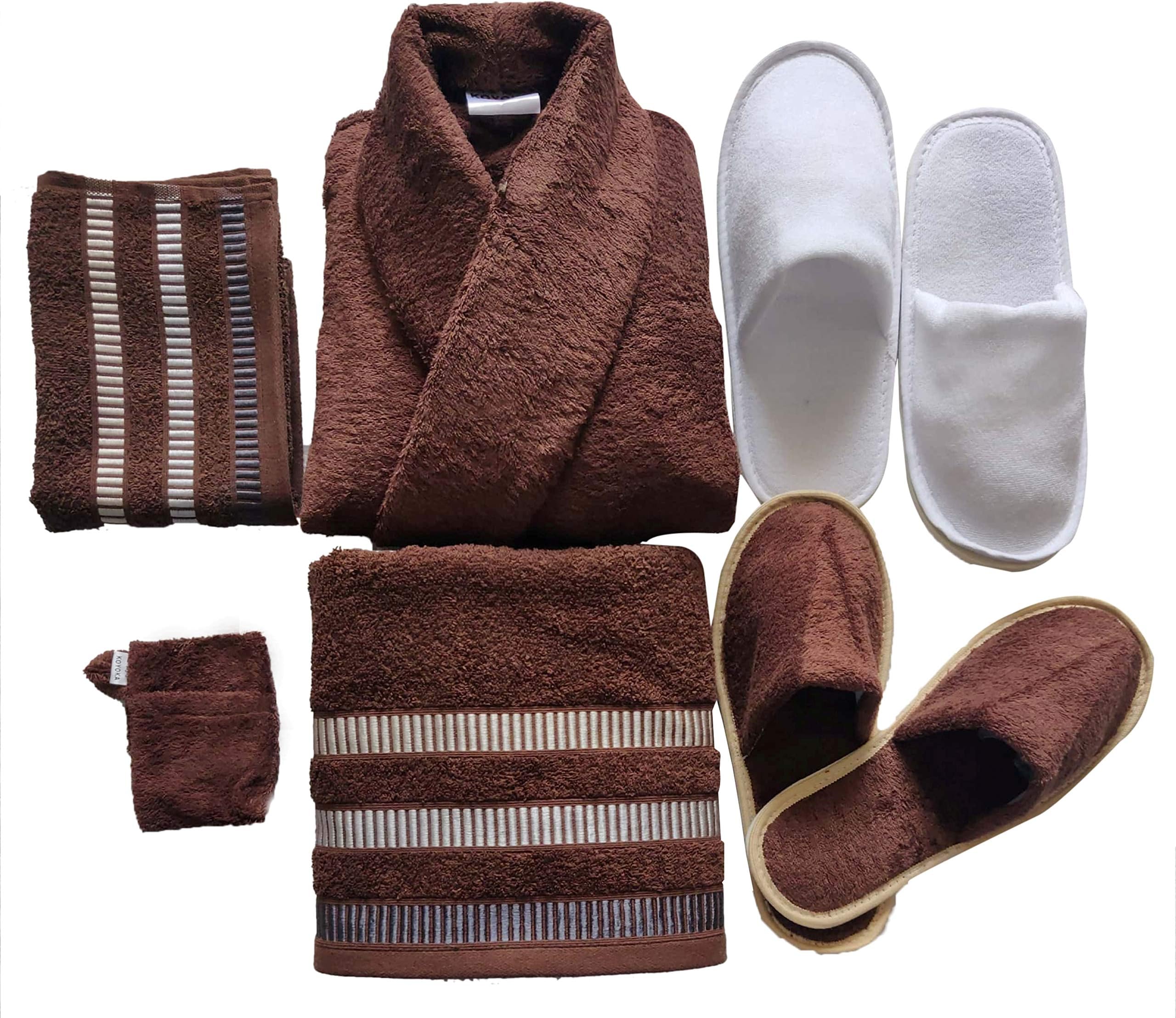 KOYOKA Rock Daniel 6 Pieces Luxury Bathrobe Set (1 Bathrobe, 1 Big Towels, 1 Hand Towels, 1 Slippers, 1 Soap Pouches and 1 Slipper Free) - Coffee, Free Size