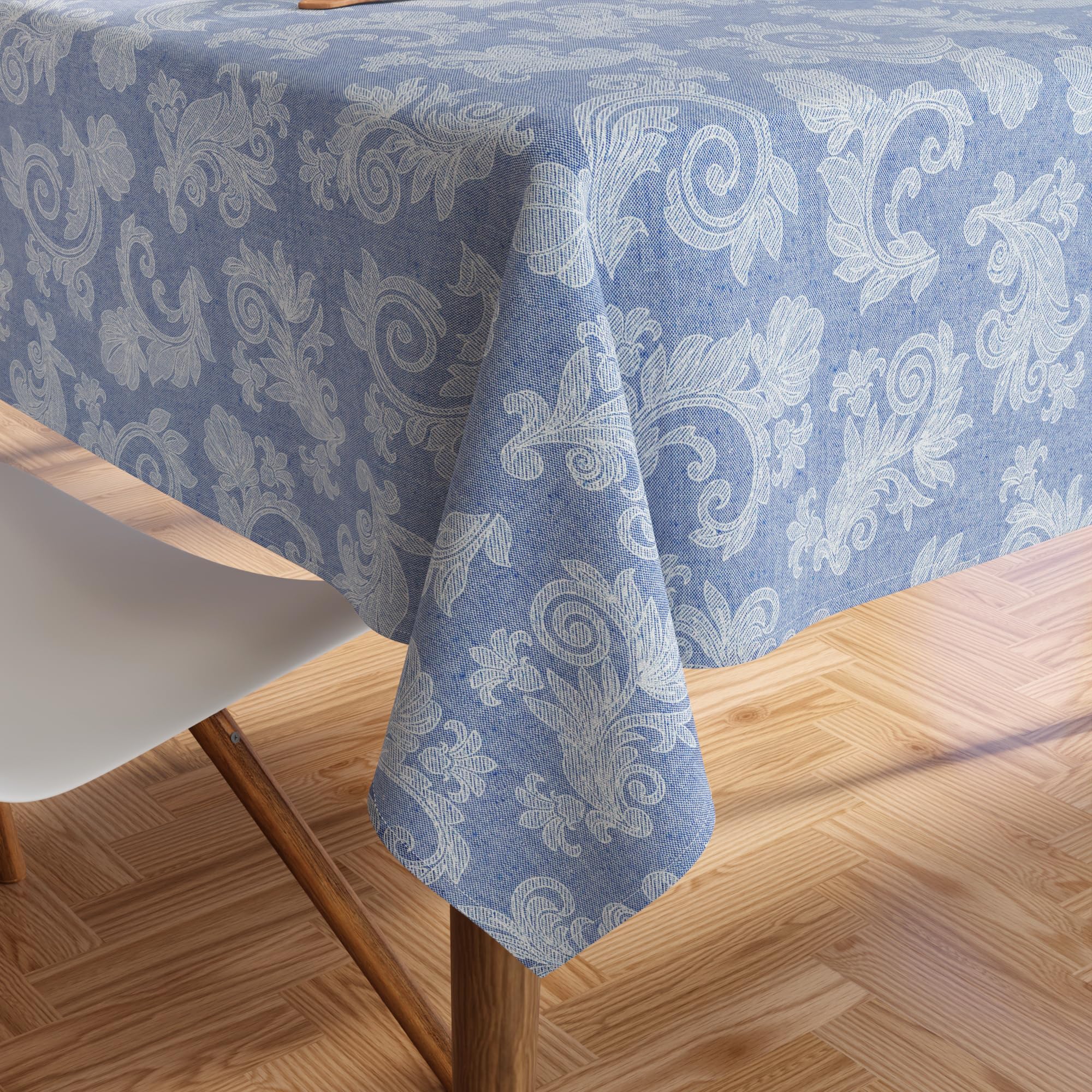 Encasa XO 4 to 6 Seater Dining Table Cloth 145x180 cm (57x72 in) I Floral Blue Jacquard Style Print on Chambray Homespun Cotton I for Family Gatherings, Parties I Washable — image 1