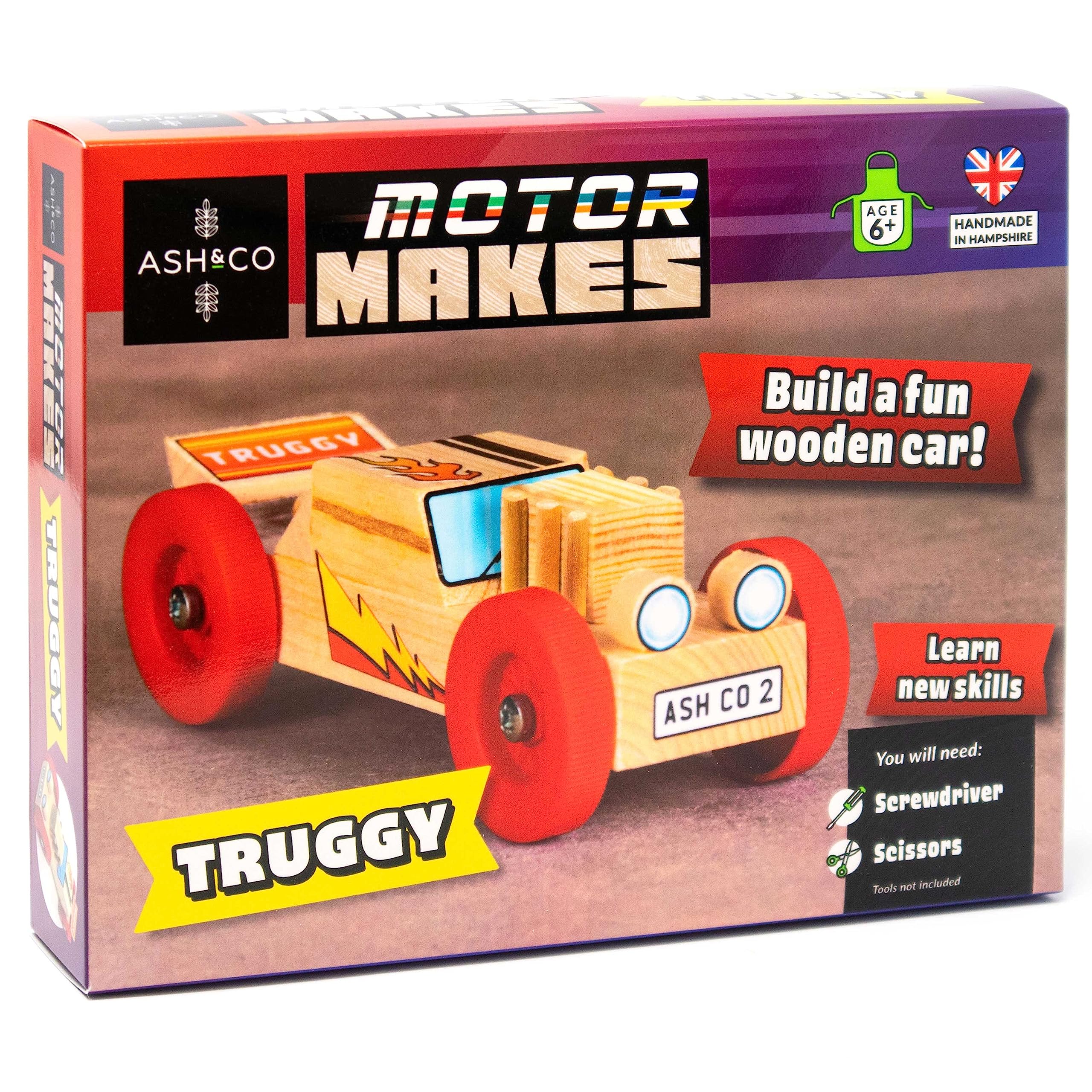 Ash & Co Motor Makes Build a Wooden Car | Woodwork Kit for Kids | Fun Craft kit for Boys and Girls Age 6+ (Truggy/Red)