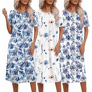Ekouaer 3 Pack Long Nightgowns for Women Ruffle House Dress | Short Sleeve Night Gown O Neck Casual Nightshirt Below The Knee