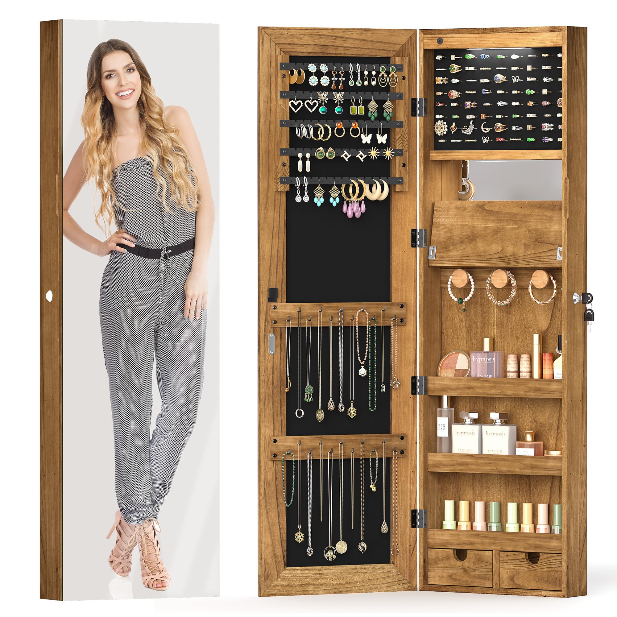 SRIWATANA Jewelry Cabinet with Full-Length Mirror, Lockable Wall or Door Mounted Jewelry Armoire, Large Storage Space Jewelry Organizer, Foldable Shelf, Drawers, Gift Idea(Carbonized Black)