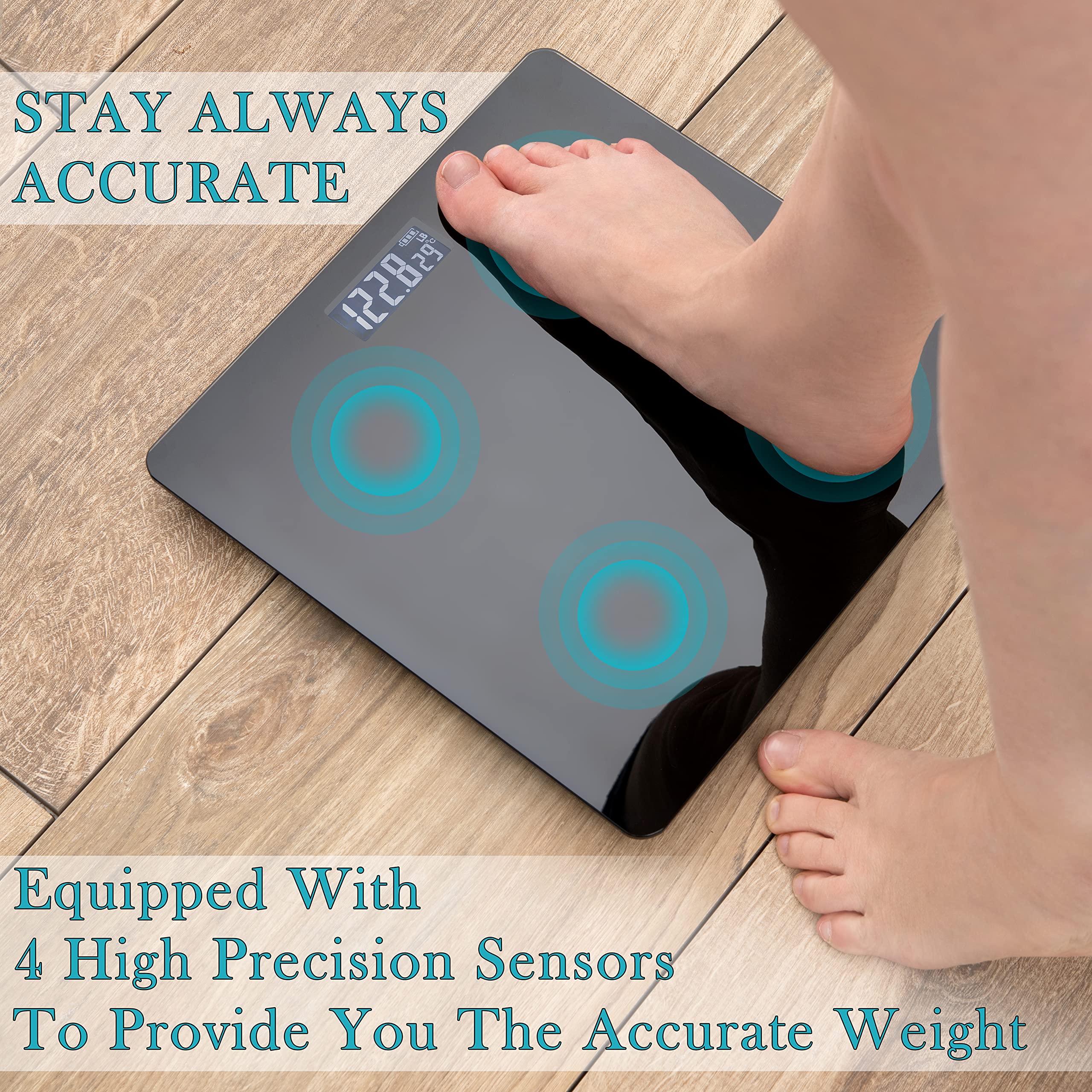 Moss & Stone Black Digital Bathroom Scale for Body Weight, Smart Step-On Technology, Backlit LCD Display, High Accuracy Weight Scale 400lb/180kg, Glass Slim Design, Auto On/Off, Home Use
