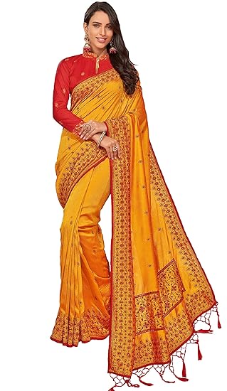 Womens Indian Fusion Raw Silk Saree with Thread Work Border (Yellow)