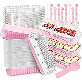 NPLUX 50 PACK Mini Cake Pans with Lids and Spoons,Rectangular Aluminum Foil Bread Pan,Mini Loaf Pans and Food Containers with Lids(Pink,6.8oz)
