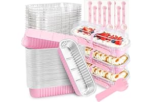 NPLUX 50 Pack Mini Cake Pans with Lids and Spoons Rectangular Aluminum Foil Baking Pans Mini Cheesecake Containers(6.8oz)