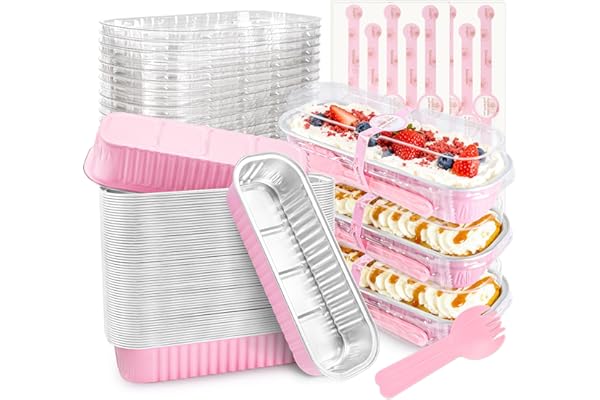 NPLUX Mini Loaf Pans with Lids, 50 Pack Pink 6.8oz for Party Favors | Fits tartlets, pudding desserts, loaf slices and sweet