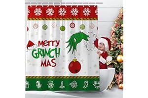 Awellife Grinch Christmas Shower Curtain for Bathroom Decor Winter New Year Xmas Bells Tree Snowflakes Holiday 72x72 Inch