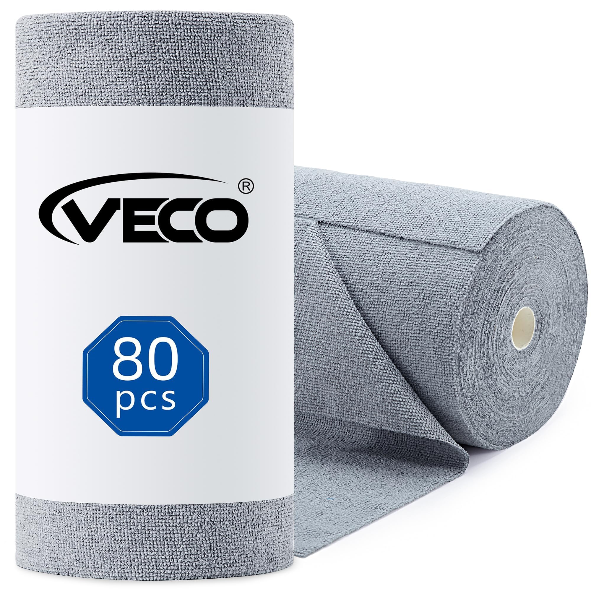 Veco Microfiber Cleaning Cloth Roll 80 PCS Gray, 12" x 12" | Lint-Free, Streak-Free, Tear Away Reusable Microfiber Towels, Cl