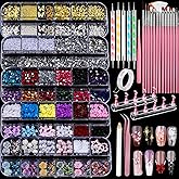 Teenitor Nail Kit with Nail Charms and Nail Art Brushes Set, Nail Art Tools with 5 Boxes of 3D Nail Charms and Gems Rhinestones, 15 Pcs Nail Brushes, 5 Pcs Nail Dotting Tools, 2 Set of Nail Stand
