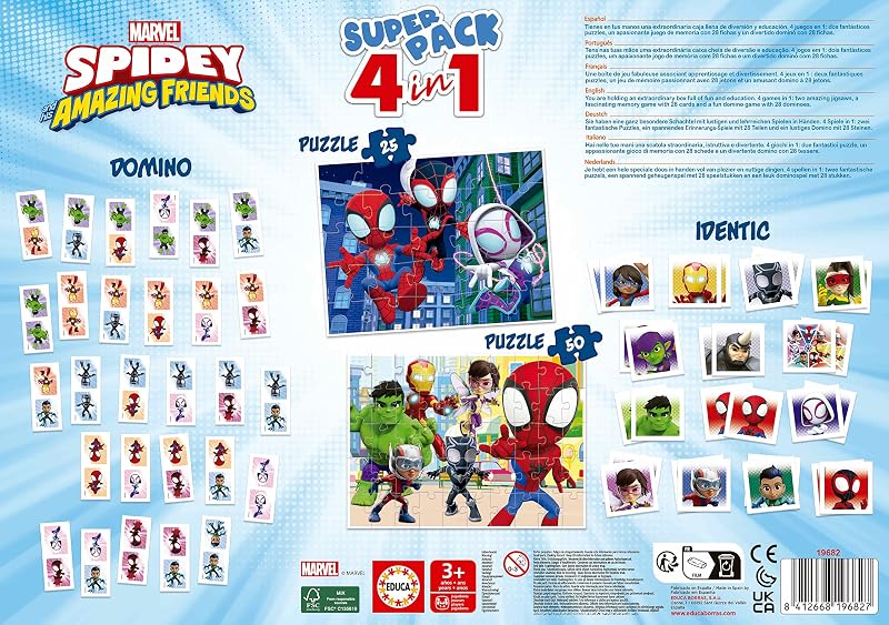 Educa - Superpack Spidey & Amigos | Jogos de Tabuleiro e Puzzles Infantis: Dominó, Idêntico com 28 Cartas e 2 Puzzles de 25 e 50 Peças. Jogo Infantil para 3, 4 e 5 anos (19682)