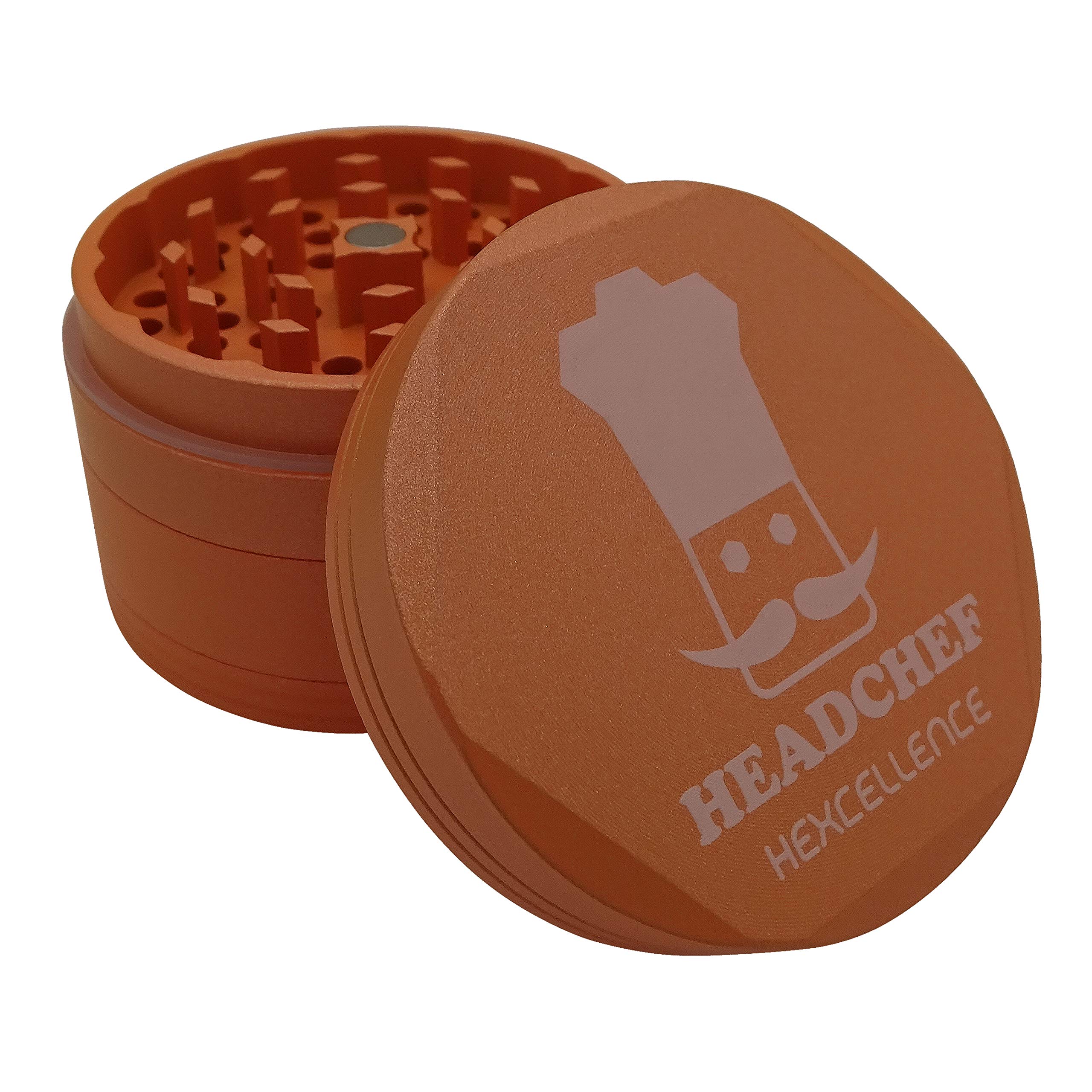 Headchef Hardcore Hexellence Ceramic Non-Stick Coated Metal Herb Grinder, 4 Piece, 62mm (Orange)