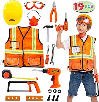 JOYIN Construction Worker Costume Role Play Tool Toys Set for 3-6 Years Old Kids, Great Educational Toy Gift for Halloween Christmas and Birthday