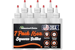 Homestead Choice Made in USA Condiment Squeeze Bottles 16 OZ, 7 Pack Squirt Bottles for Sauces Liquids BPA Free Condiment Bottles with Cap Ketchup, Syrup, Oil, Dressings, Honey, BBQ, Arts Crafts
