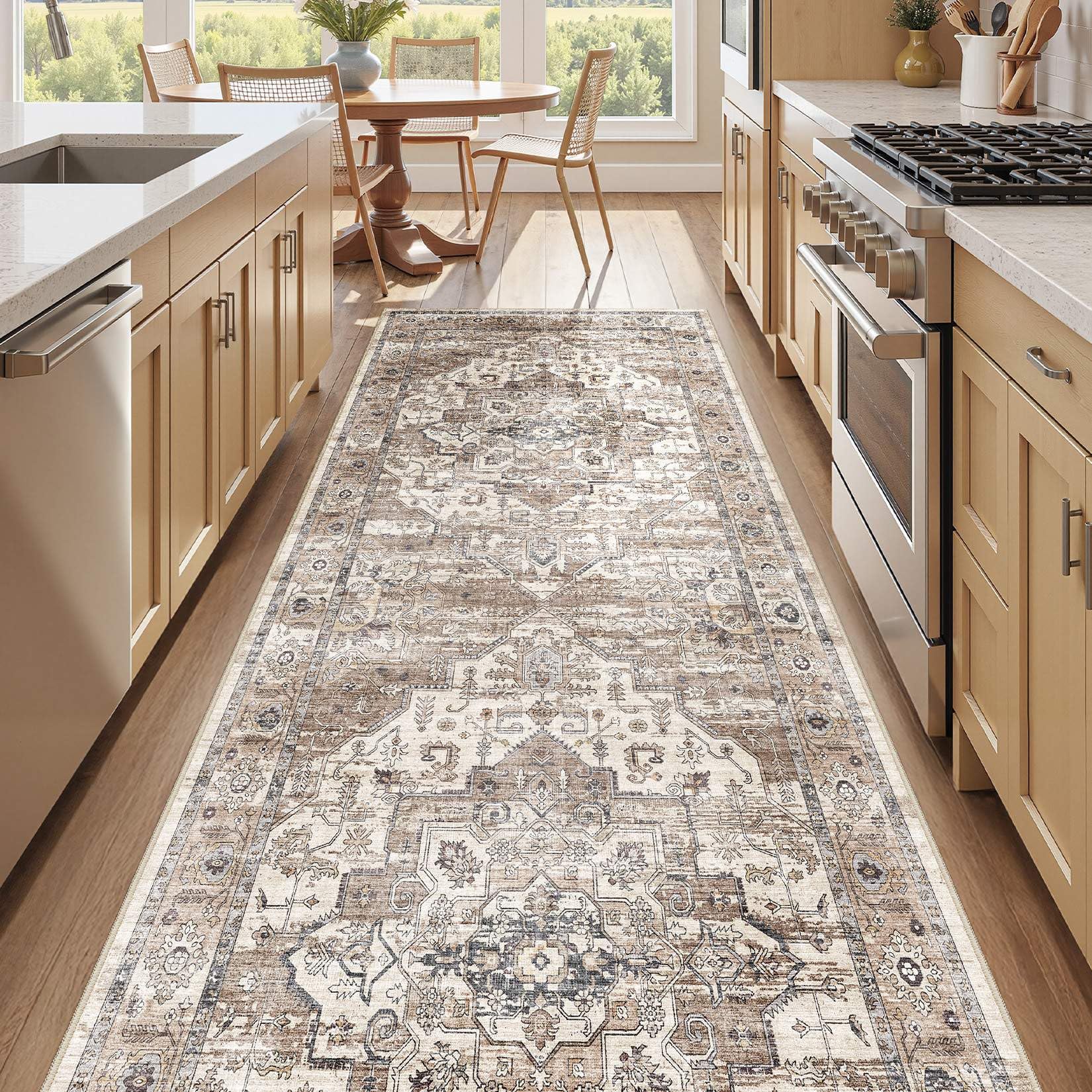 Photo 1 of 3x14 Washable Runner Rug :Hallway Runner with Non Slip Backing Farmhouse for Bedroom Bathroom Living Room Rug Vintage Large Soft Entryway for Kitchen Laundry Room Stain Resistant Carpet-Tea Brown