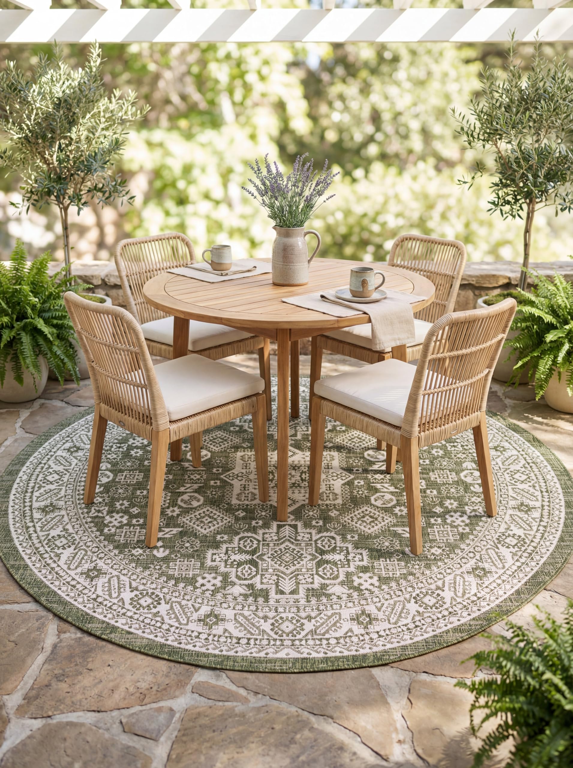 Rugs.com Outdoor Aztec Collection Rug – 13 Ft Round Green Flatweave-Pile Rug Perfect for Kitchens, Dining Rooms Image