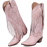 Grakihily Cowgirl Boots for Women Retro Pointed Toe Pull On Block Chunky Heel Embroide Tassel Country Concert Outfits Mid Calf Western Fringe Cowboy Boots