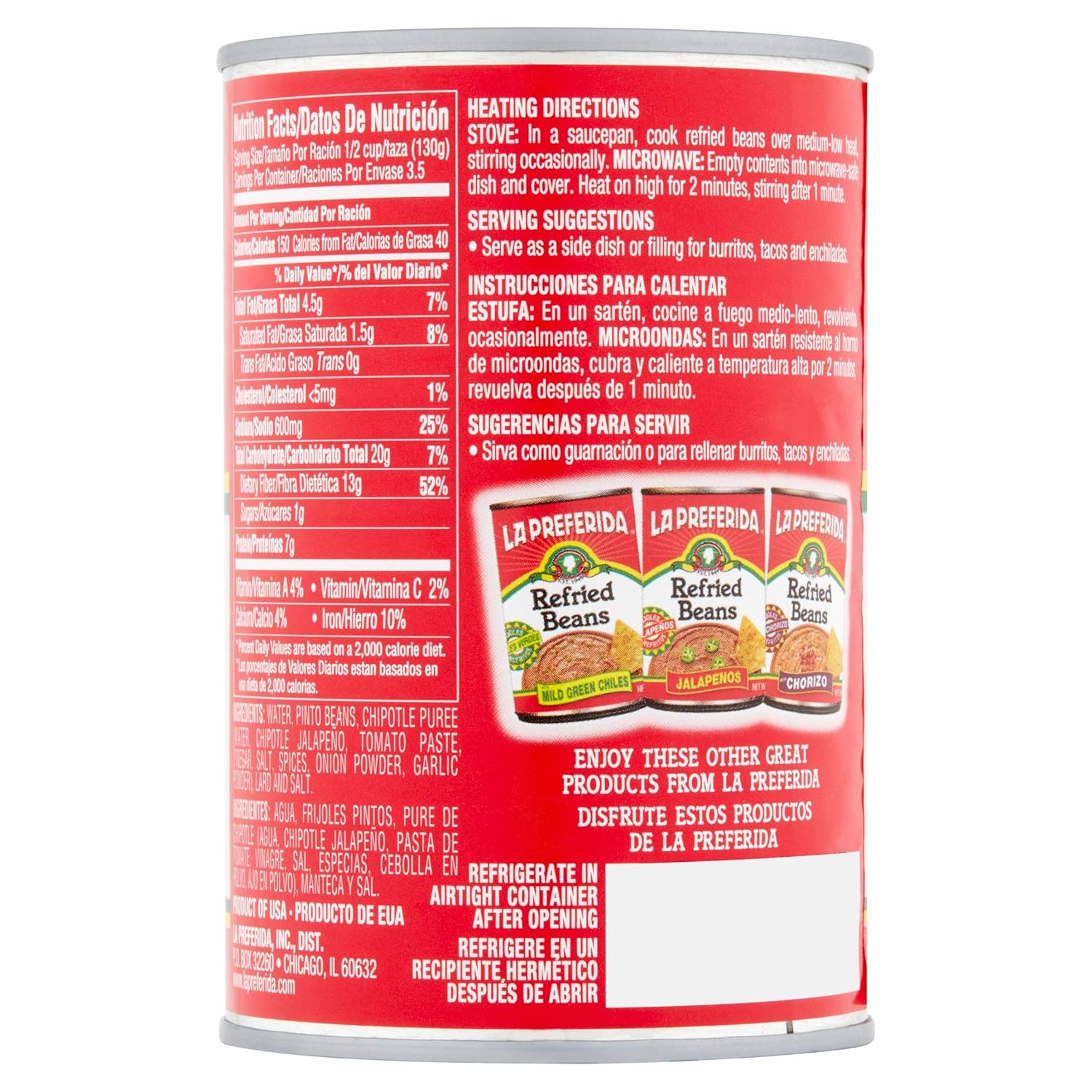 La Preferida Refried Beans, Spicy Chipotle, 16 oz (Pack - 6)
