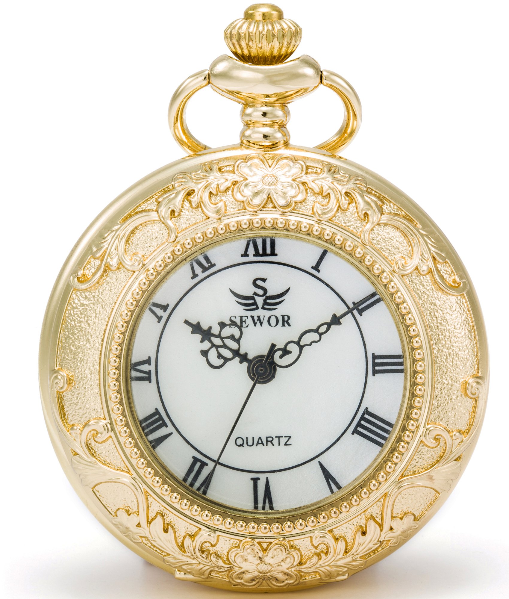 SEWOR Quartz Pocket Watch Shell Dial Magnifier Case with Two Type Chain (Leather+Metal) (Gold)