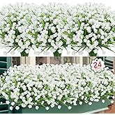 Ouddy Decor 24 Bundles Artificial Flowers for Outdoors UV Resistant Fake Plastic Plants Faux Greenery Stems for Spring Summer Indoor Garden Patio Window Box Kitchen Home Decor, White