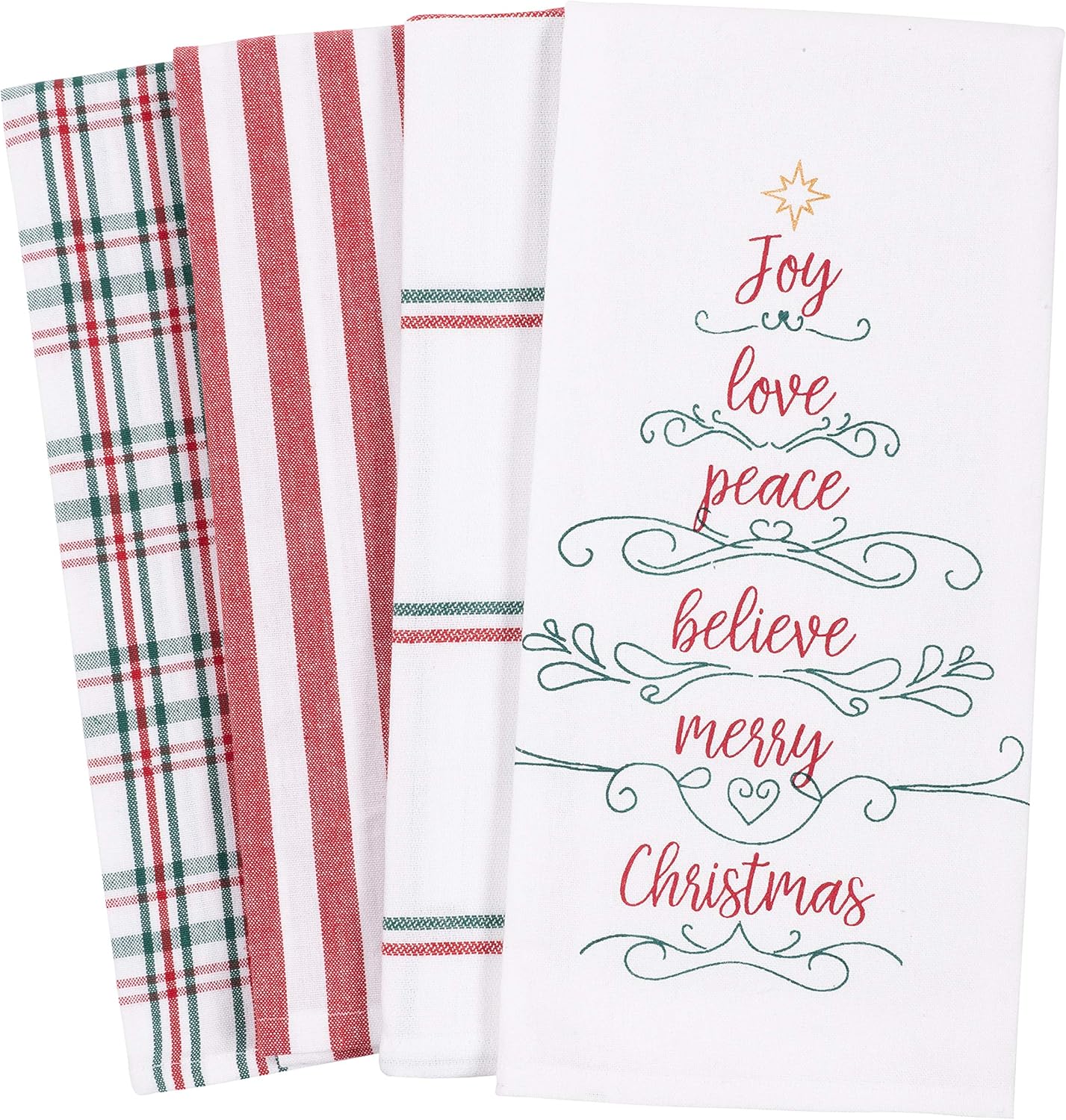 KAF Home Pantry Kitchen Holiday Dish Towel Set of 4, 100-Percent Cotton, 18 x 28-inch (Joy Love Peace Believe Merry Christmas Tree)