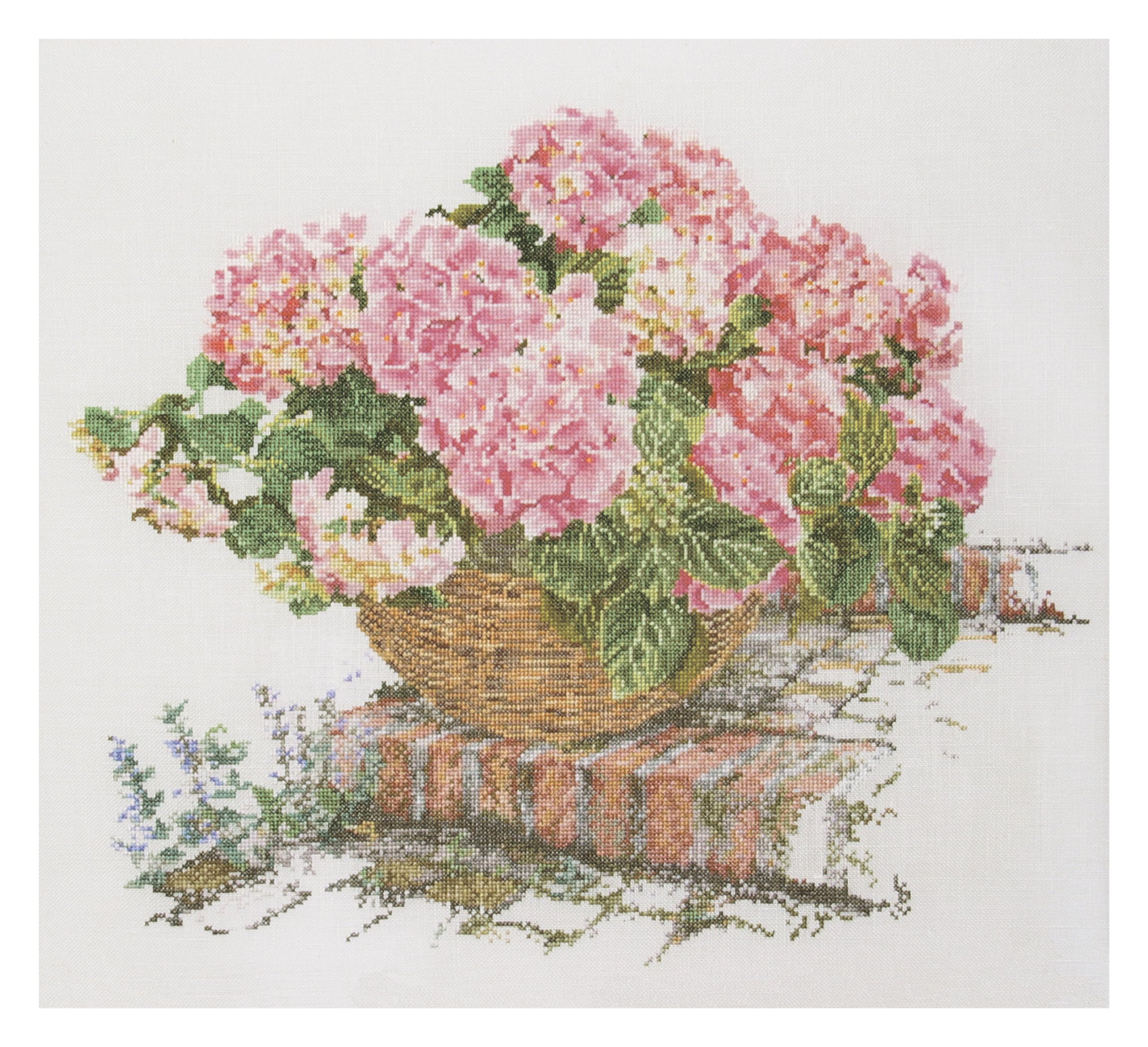 Thea Gouverneur - Counted Cross Stitch Kit - Pink Hydrangea - Linen - 32 Count - Embroidery Kit for Adults - DMC Embroidery Threads and Other Cross Stitch Supplies Included - 2047