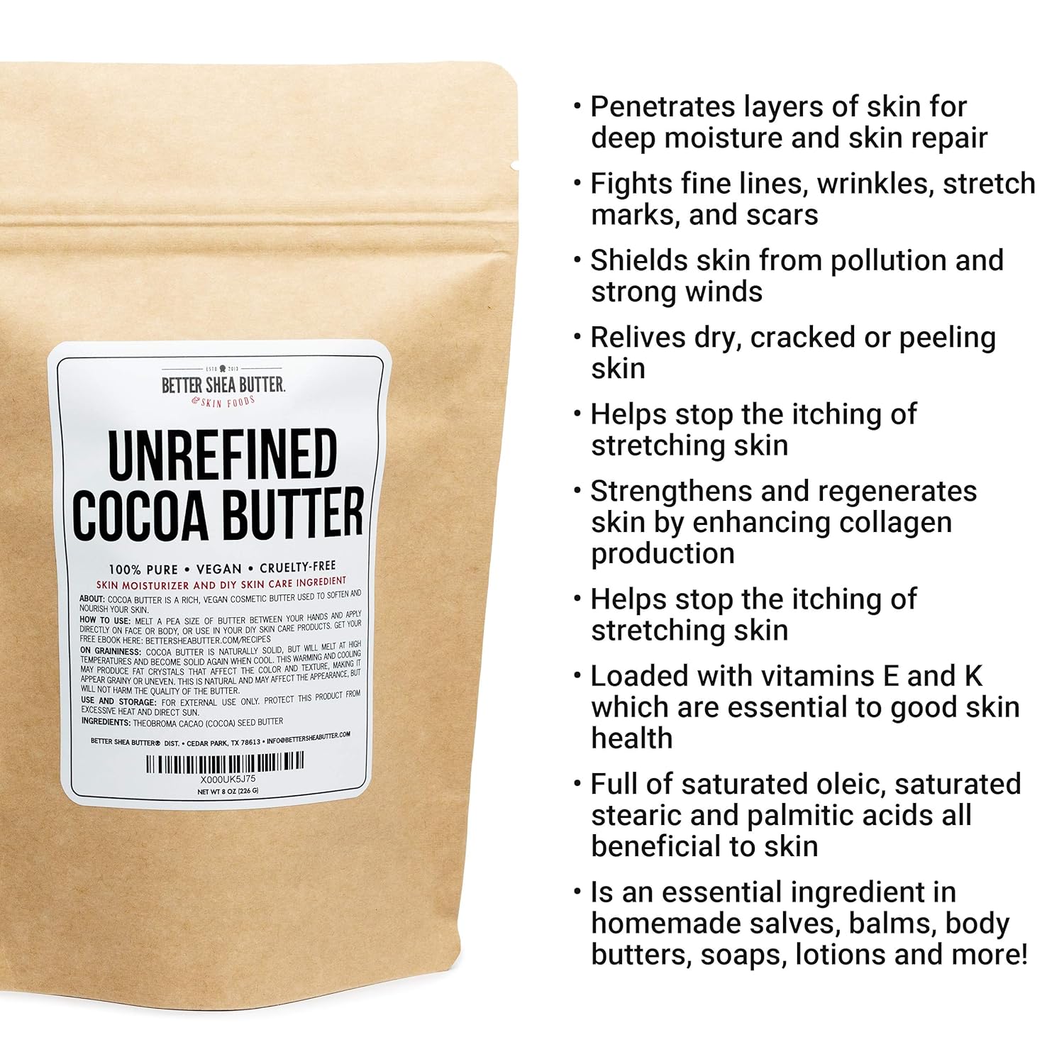 Unrefined Cocoa Butter - Use on Pregnancy Stretch Marks, Make Moisturizing Lotion, Chap Stick, Lip Balm and Body Butter - 100% Pure, Food Grade, Smells Like Chocolate - 8 oz by Better Shea Butter : Beauty
