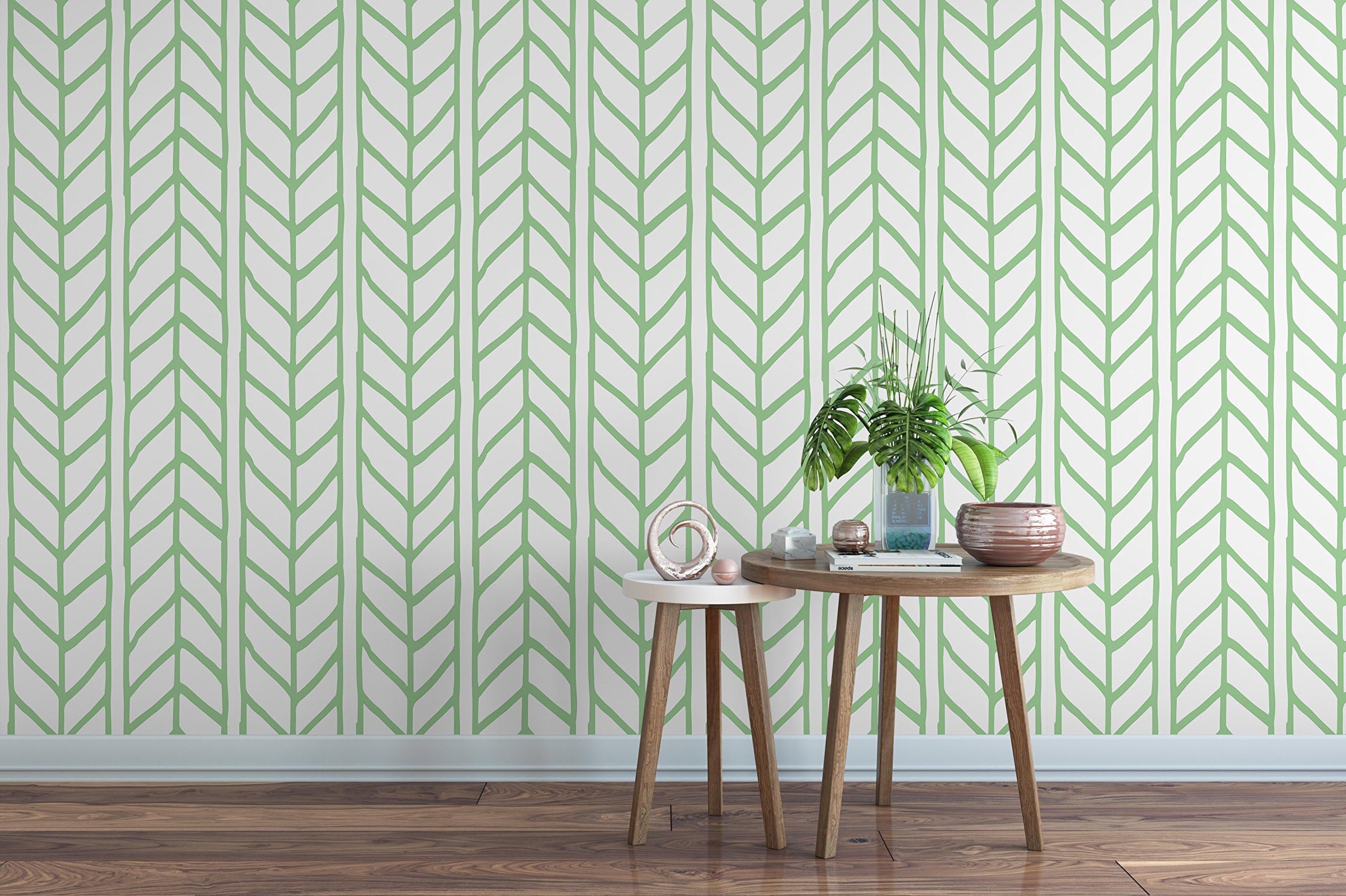 Self Adhesive Herringbone Removable Vinyl Wallpaper with Green Weaving Braids Chevron Illustration | Peel and stick application