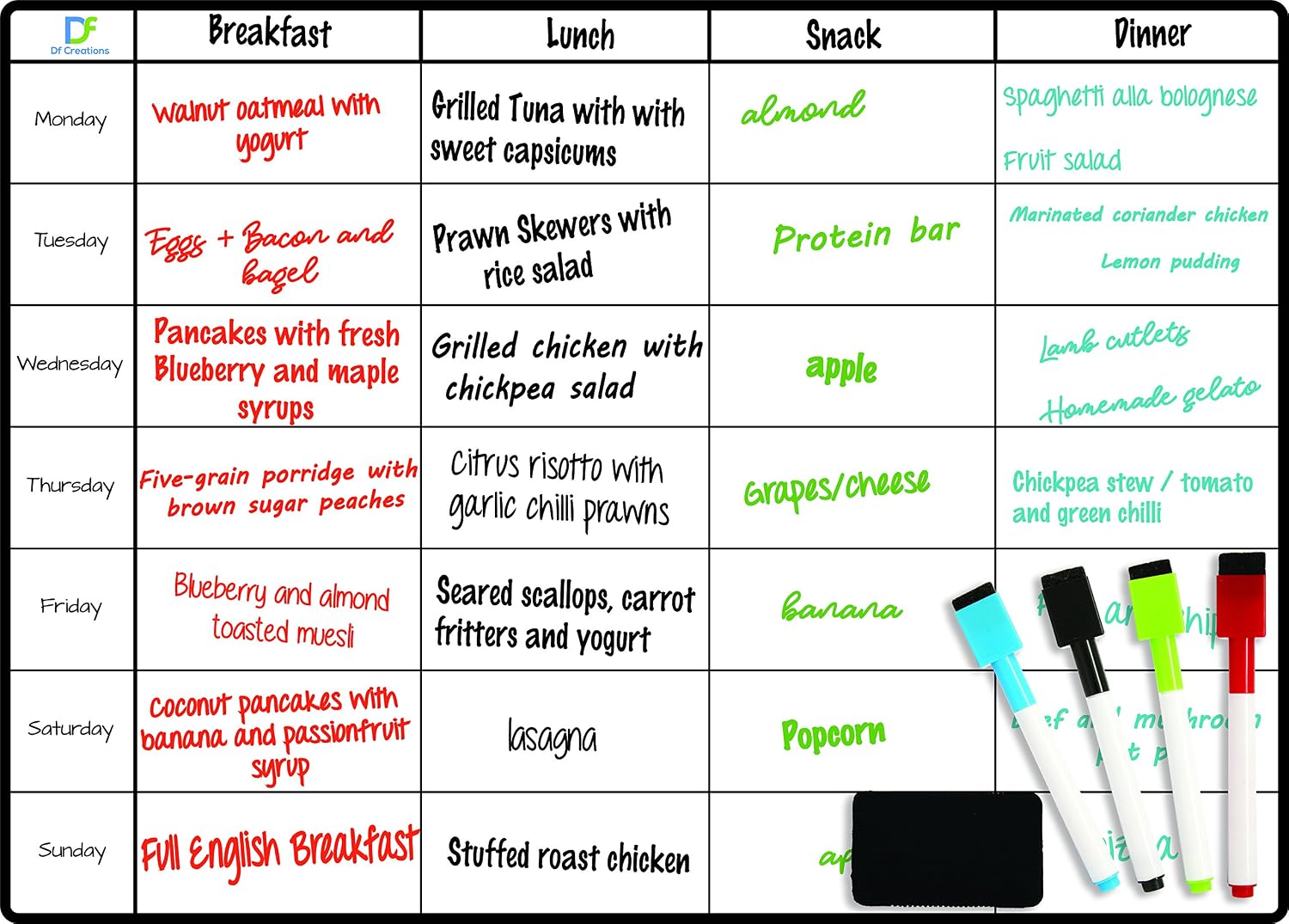 Meal Planner Whiteboard by DF Creations, Magnetic Weekly White Board for Fridge, Calendar for Menu Plan, Board Task