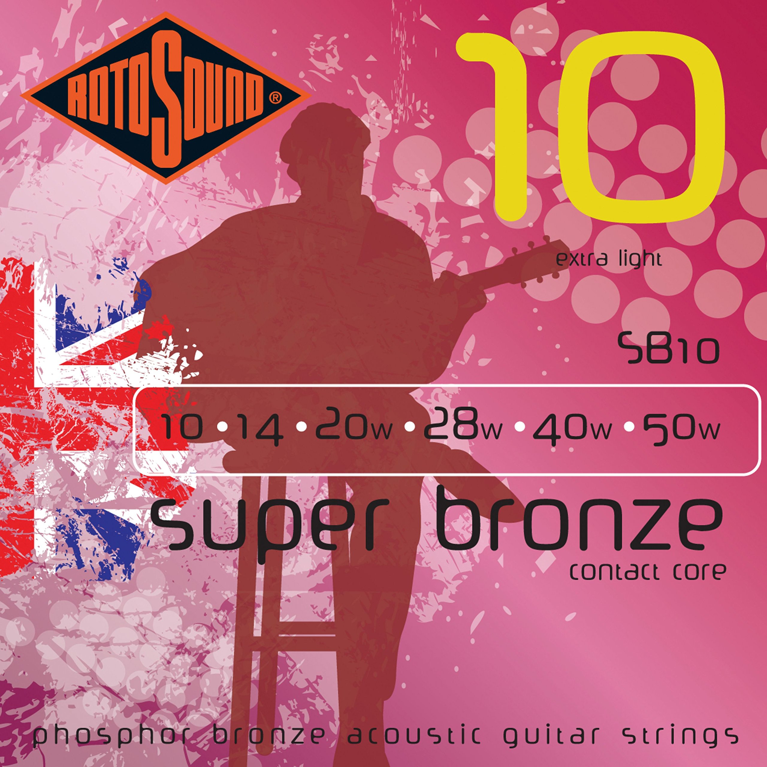 Rotosound SB10 Contact Core Phosphor Bronze Extra Light Gauge Acoustic Guitar Strings (10 14 20 28 40 50), White Black Red Blue