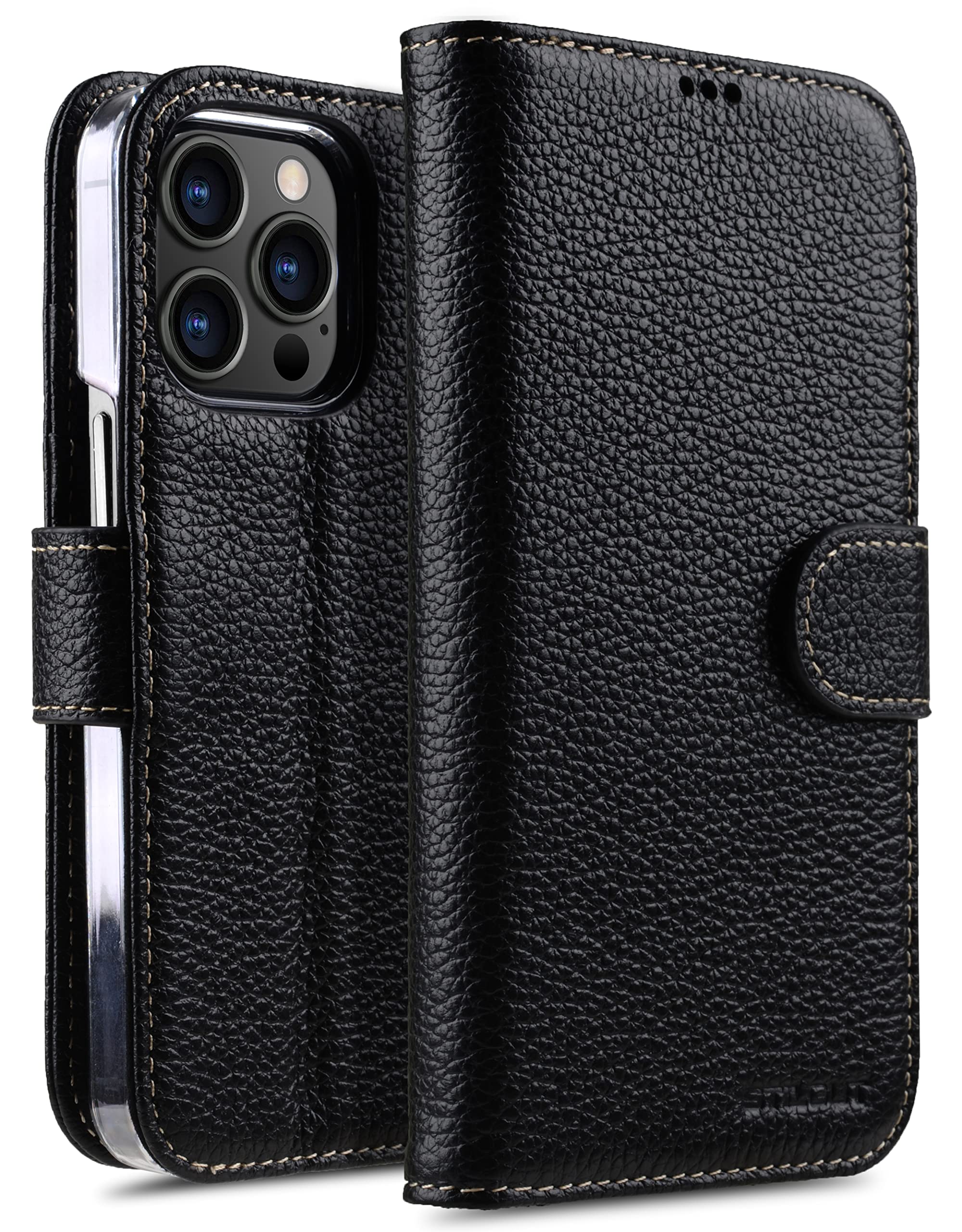 STILGUT Talis Compatible with iPhone 13 Pro Max (6.7 Inch) Leather Case with Card Slot, Flip Cover, Wallet Case, Mobile Phone Case with Compartments, Stand Function & Closure - Black
