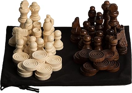 GrowUpSmart Staunton Style Chess & Checkers Pieces Set Made Of Wood In Velvet Bag - For Replacement Of Missing Pieces Or If You Only Have A Chess Board