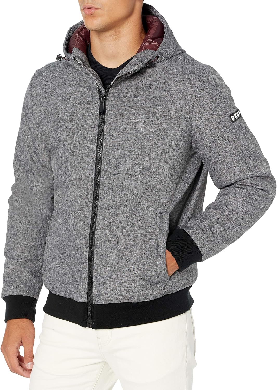 grey hooded bomber jacket