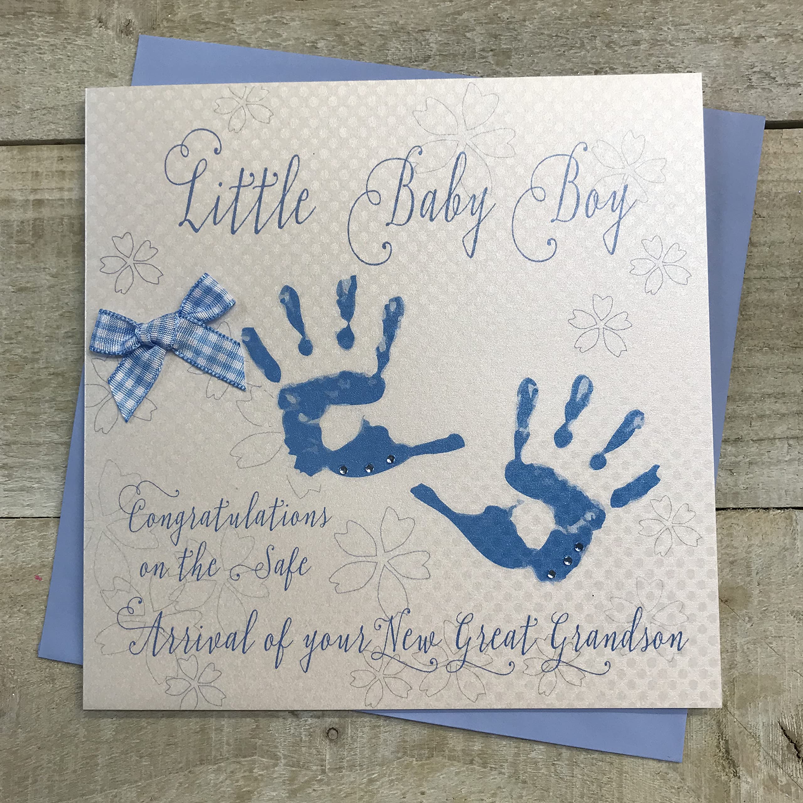 white cotton cards Little Baby Boy Congratulations on The Safe Arrival of Your Great Grandson Card, Blue Hands Design (WS4)